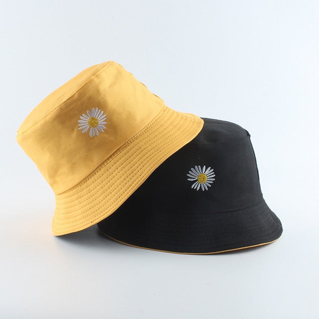 Summer Daisies Embroidery Bucket Hat Women Cotton Fashion Sun Cap Girls Reversible daisy Bob Sun Femme Floral Panama Hat