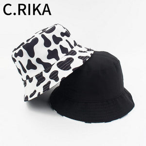 INS Star cute  Reversible Black White Cow Bucket Hats Men Women Bob Summer girl Two Side cow print hat Fishing Hat Travel Panama