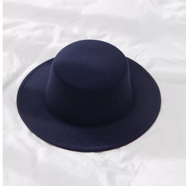 New Classic Solid Color Felt Fedoras Hat for Men Women artificial wool Blend Jazz Cap Wide Brim Simple Church Derby Flat Top Hat