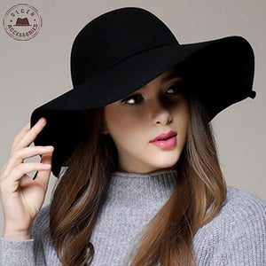 Chapeau Hot Sale Casual Fedora Cap Wide Brimmed Dome Hats High Quality Wool Floppy Hat Womens Black Cloche Hats
