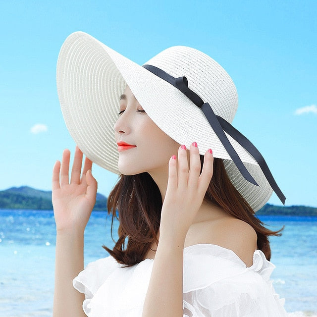 Summer Wide Brim Straw Hats Big Sun Hats For Women  UV Protection Panama  floppy  Beach Hats Ladies bow  hat chapeau femme ete