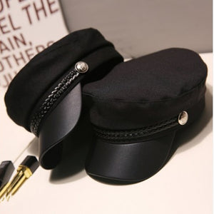 Fashion Unisex PU Leather Military Hat Autumn Sailor Hats For Women Men Black Grey flat top  Female travel cadet hat Captain Cap