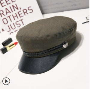 Fashion Unisex PU Leather Military Hat Autumn Sailor Hats For Women Men Black Grey flat top  Female travel cadet hat Captain Cap