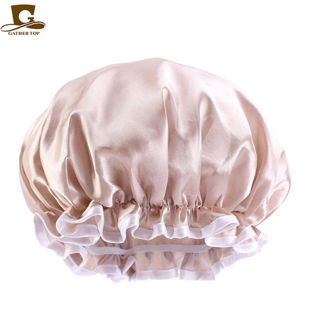 Double Layer Waterproof Bonnet Women Shower Cap Sleeping Cap Lady Print Beauty Salon Headwear Hair Care Silky Comfortable Hat
