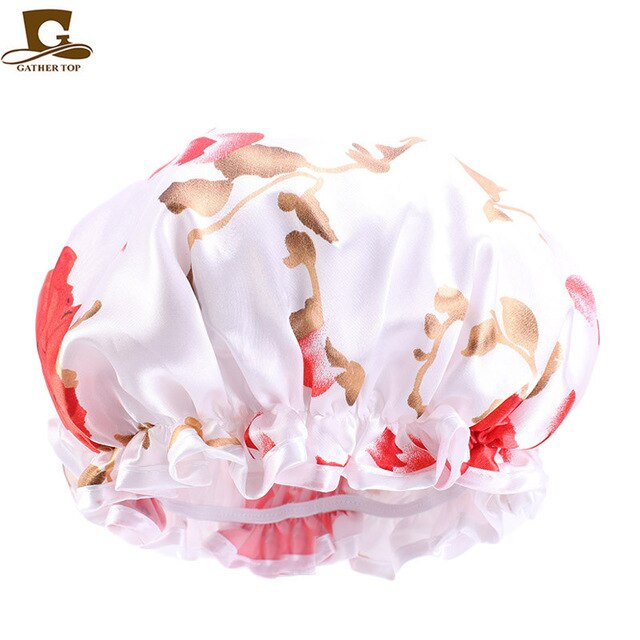 Double Layer Waterproof Bonnet Women Shower Cap Sleeping Cap Lady Print Beauty Salon Headwear Hair Care Silky Comfortable Hat