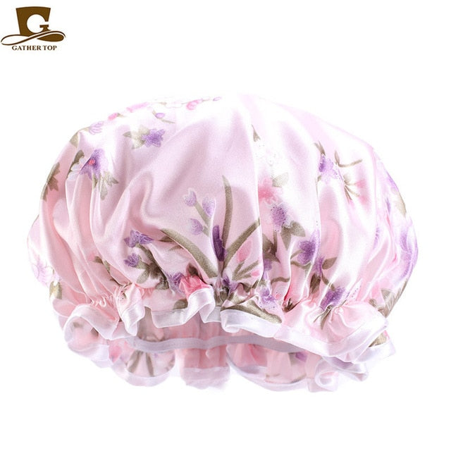 Double Layer Waterproof Bonnet Women Shower Cap Sleeping Cap Lady Print Beauty Salon Headwear Hair Care Silky Comfortable Hat
