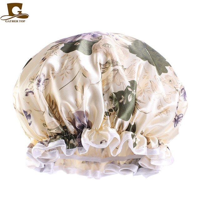 Double Layer Waterproof Bonnet Women Shower Cap Sleeping Cap Lady Print Beauty Salon Headwear Hair Care Silky Comfortable Hat