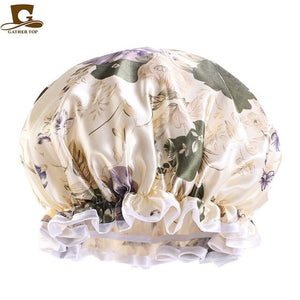 Double Layer Waterproof Bonnet Women Shower Cap Sleeping Cap Lady Print Beauty Salon Headwear Hair Care Silky Comfortable Hat