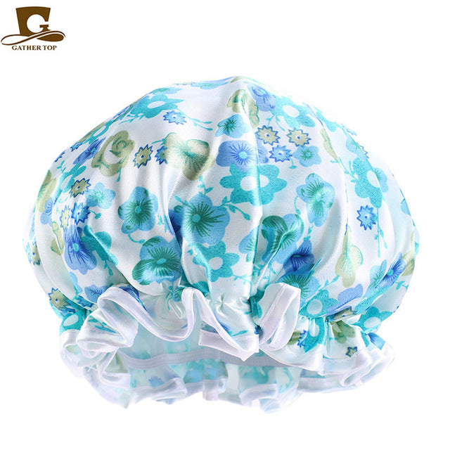 Double Layer Waterproof Bonnet Women Shower Cap Sleeping Cap Lady Print Beauty Salon Headwear Hair Care Silky Comfortable Hat