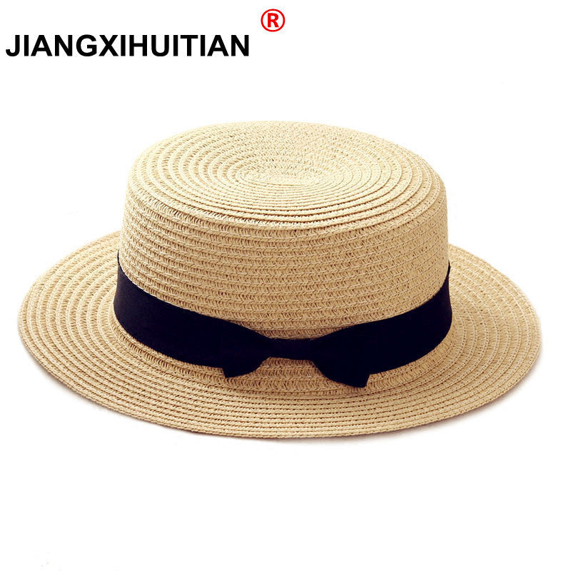 2020 simple Summer Parent-child Beach Hat Female Casual Panama Hat Lady Brand Women Flat brim Bowknot Straw cap girls Sun Hat