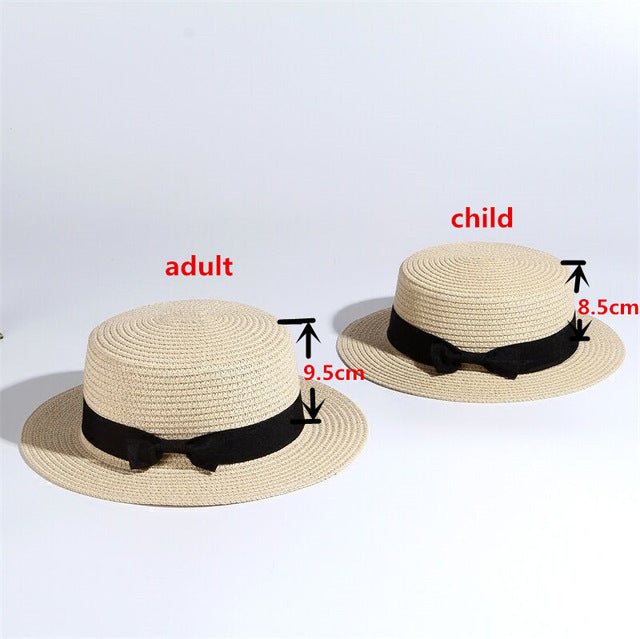 2020 simple Summer Parent-child Beach Hat Female Casual Panama Hat Lady Brand Women Flat brim Bowknot Straw cap girls Sun Hat