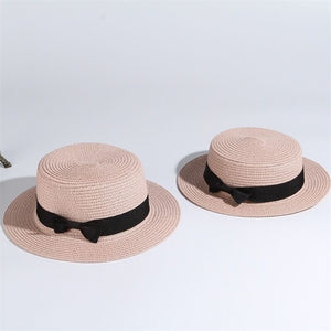 2020 simple Summer Parent-child Beach Hat Female Casual Panama Hat Lady Brand Women Flat brim Bowknot Straw cap girls Sun Hat